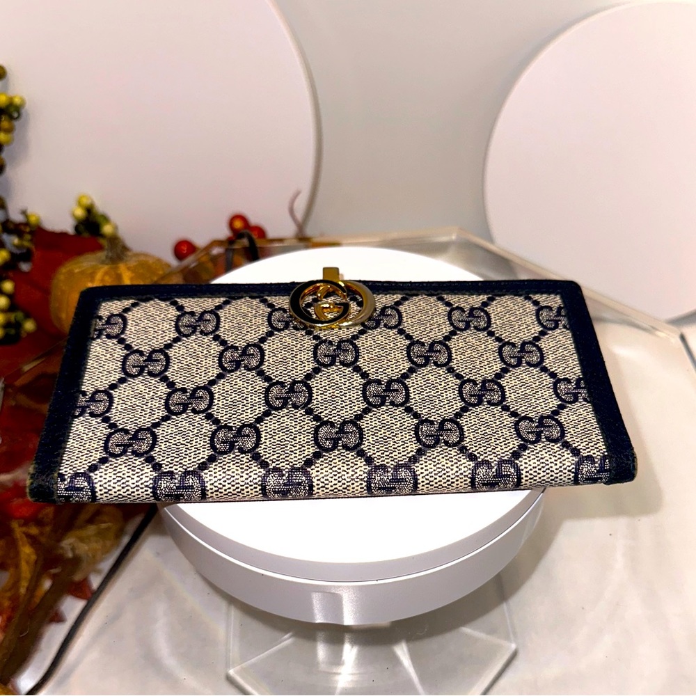 Gucci GG Monogram Blue Vintage Double Flap Wallet